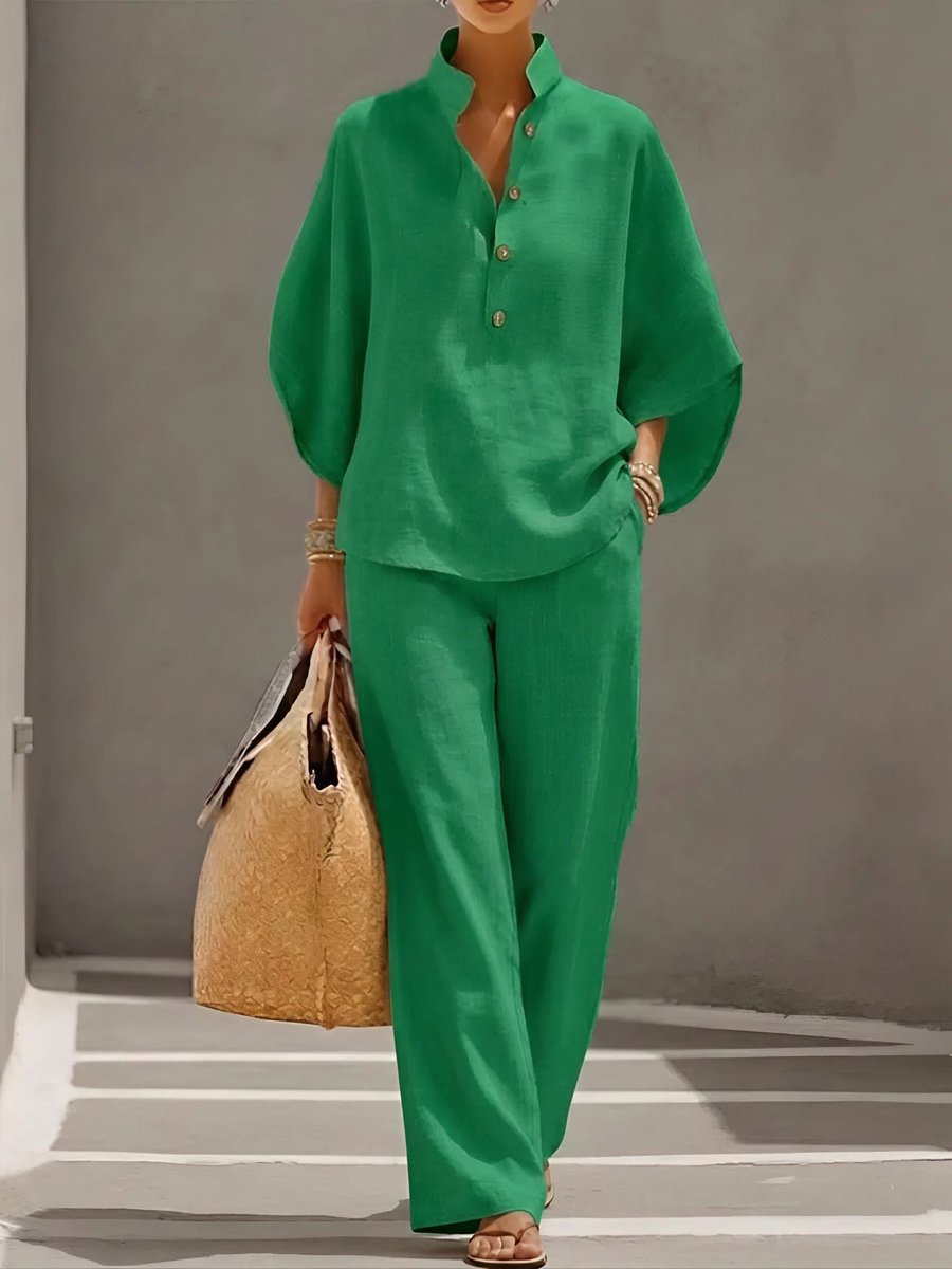 Women's Linen Wide-Leg Relaxed-Fit Button-Collar 2-Piece Pants Set - Green