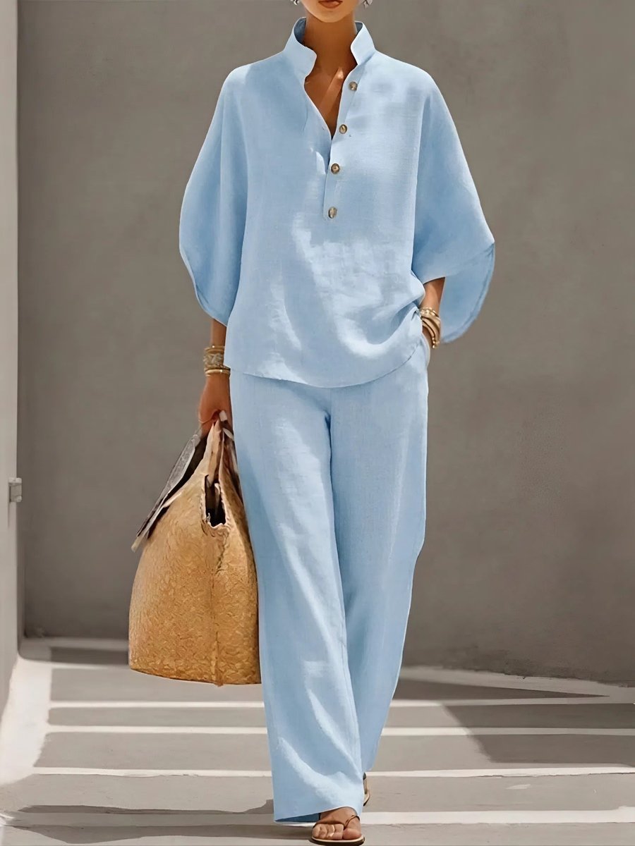 Women's Linen Wide-Leg Relaxed-Fit Button-Collar 2-Piece Pants Set - Light Blue