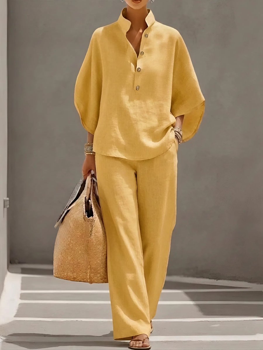 Women's Linen Wide-Leg Relaxed-Fit Button-Collar 2-Piece Pants Set - Yellow