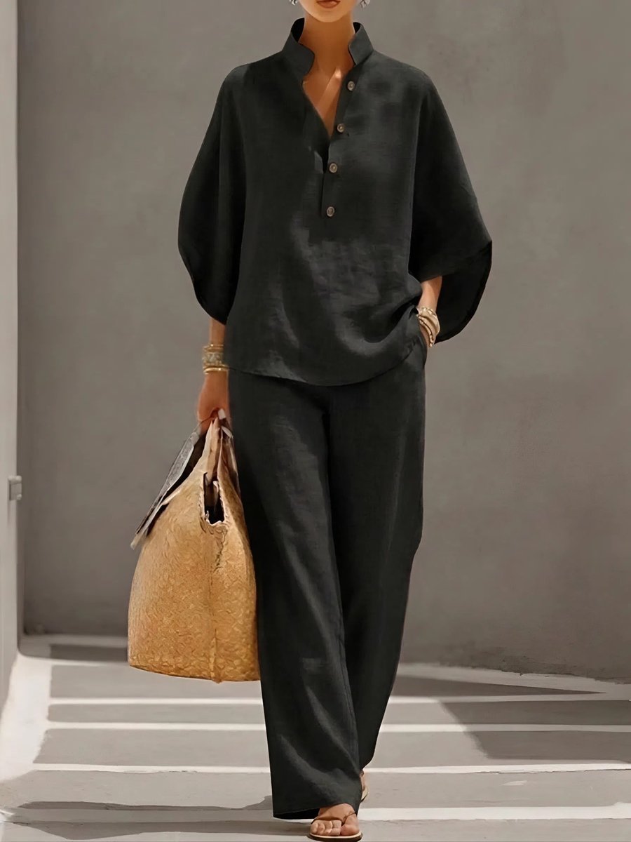 Women's Linen Wide-Leg Relaxed-Fit Button-Collar 2-Piece Pants Set - Black