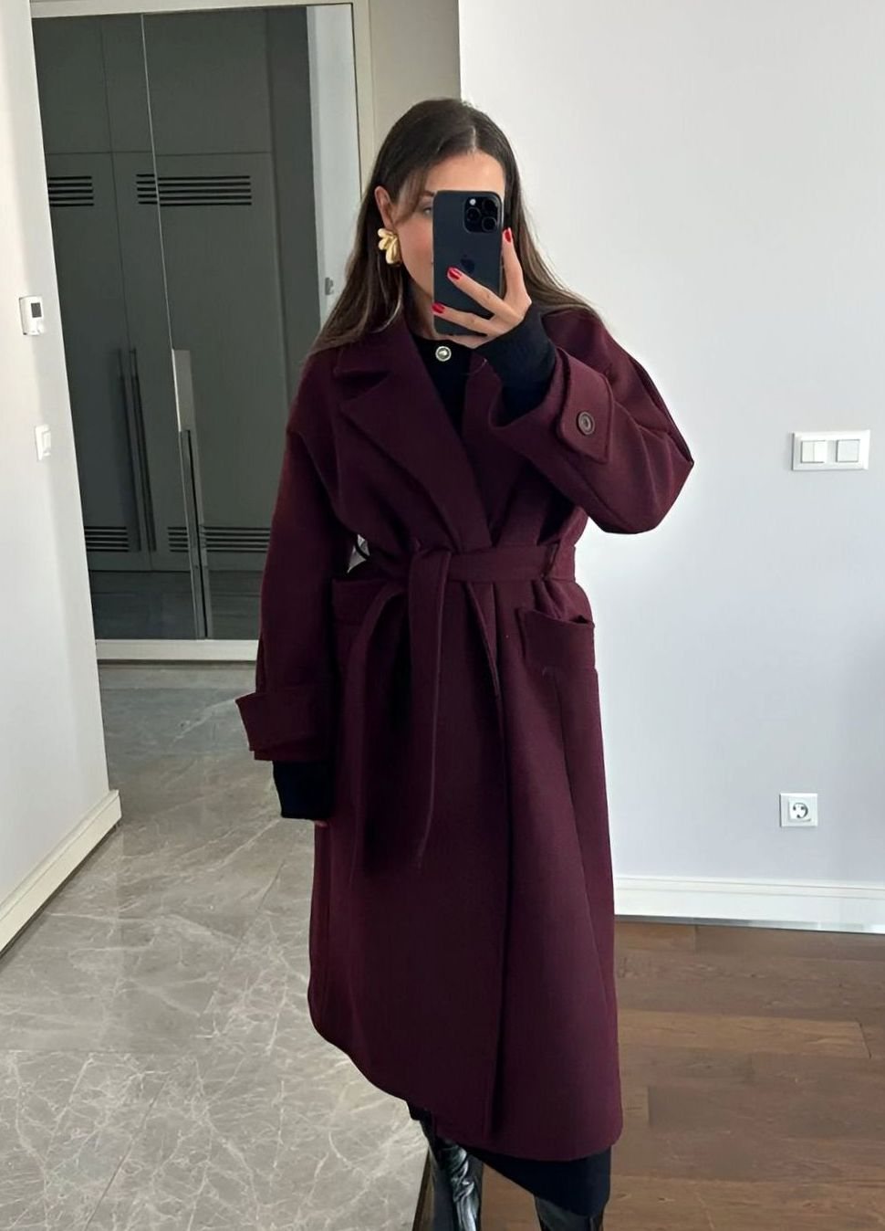 Women's Long Belted Wrap Winter Coat - Burgundy