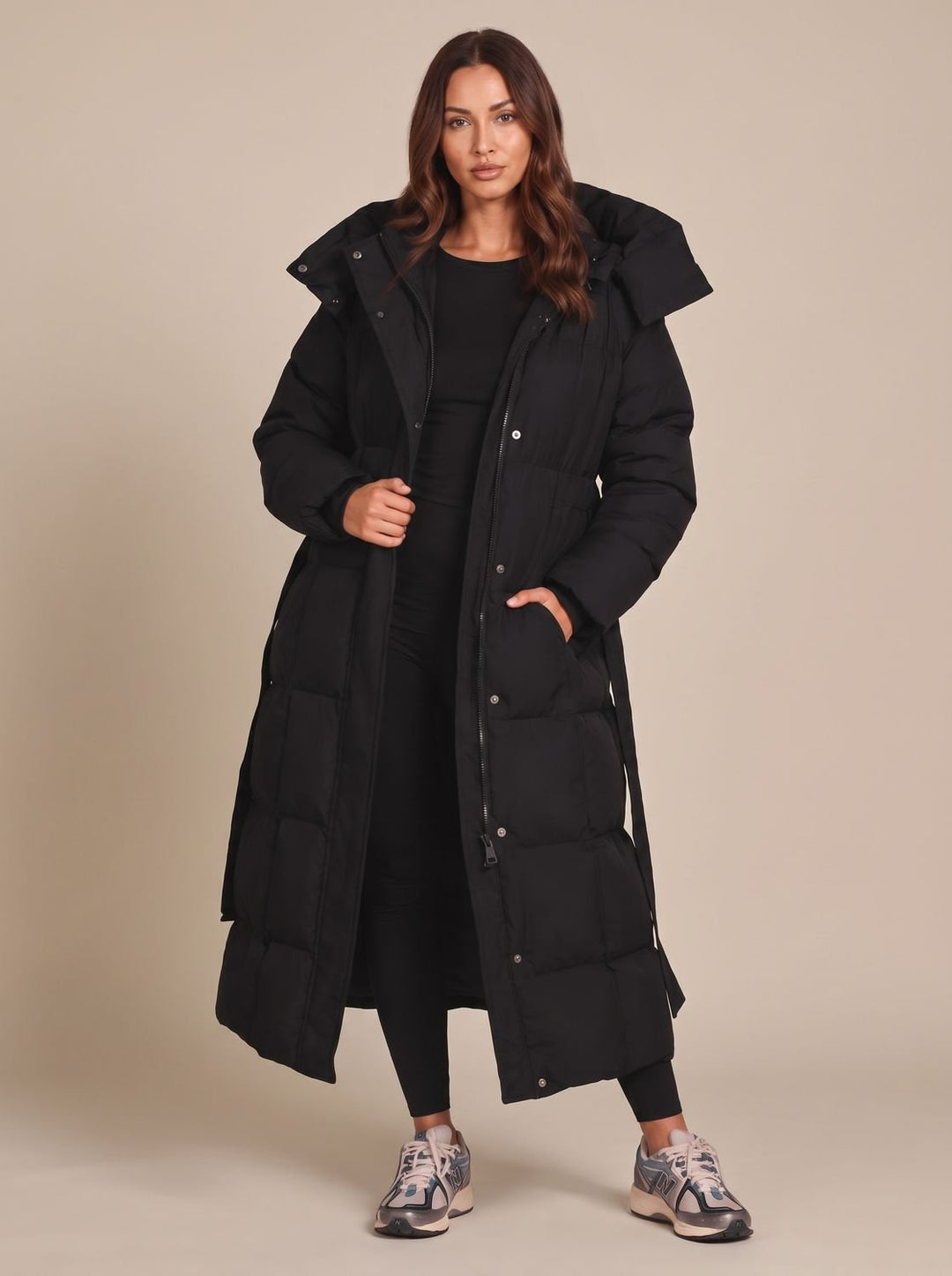 Women's Long Hooded Belted Puffer Coat - Black