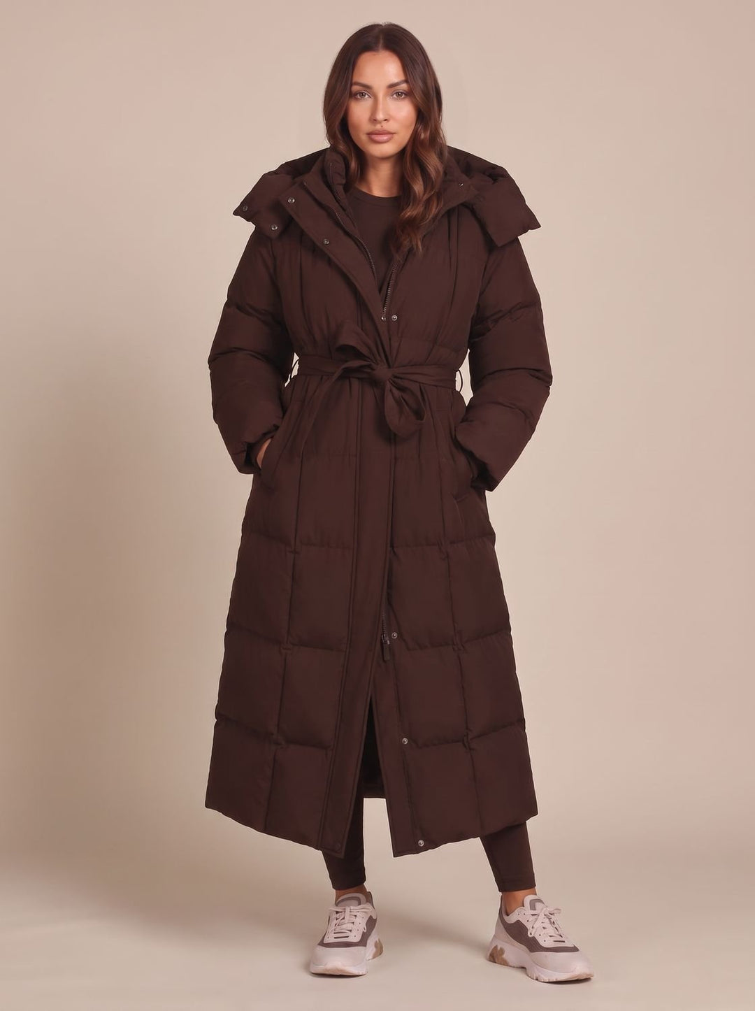 Women's Long Hooded Belted Puffer Coat - Brown