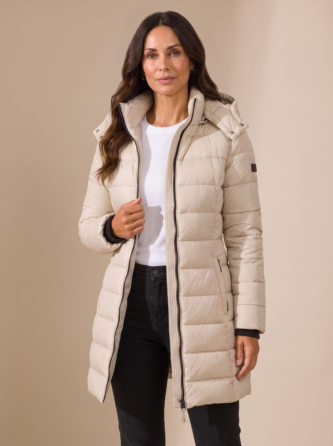 Women's Long Hooded Puffer Jacket Insulated Quilted Winter Coat - Beige