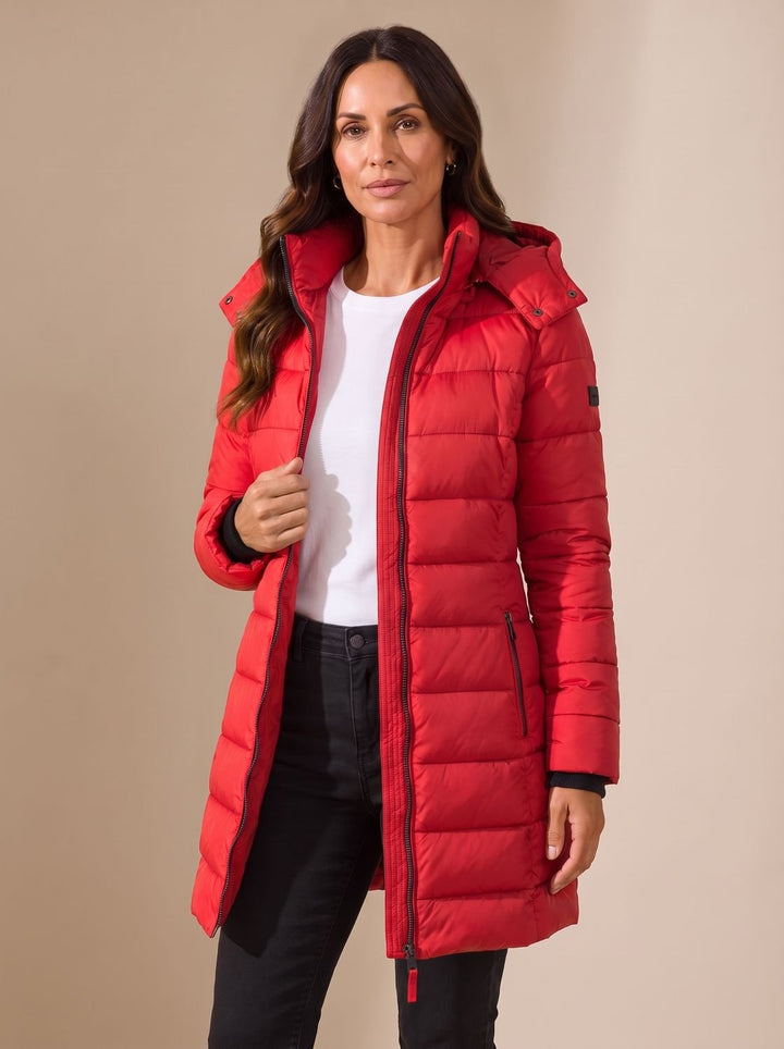Women's Long Hooded Puffer Jacket Insulated Quilted Winter Coat - Red