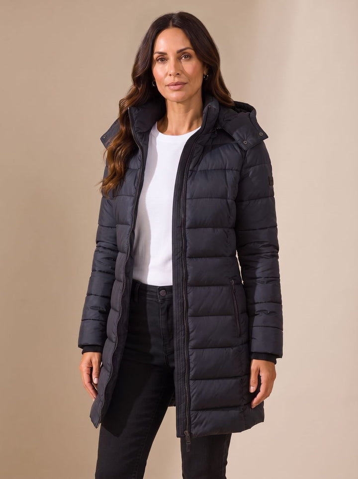 Women's Long Hooded Puffer Jacket Insulated Quilted Winter Coat - Black
