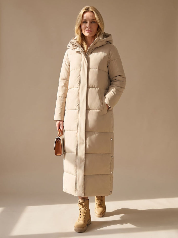 Women's Long Hooded Quilted Puffer Jacket Insulated Maxi Coat - Beige
