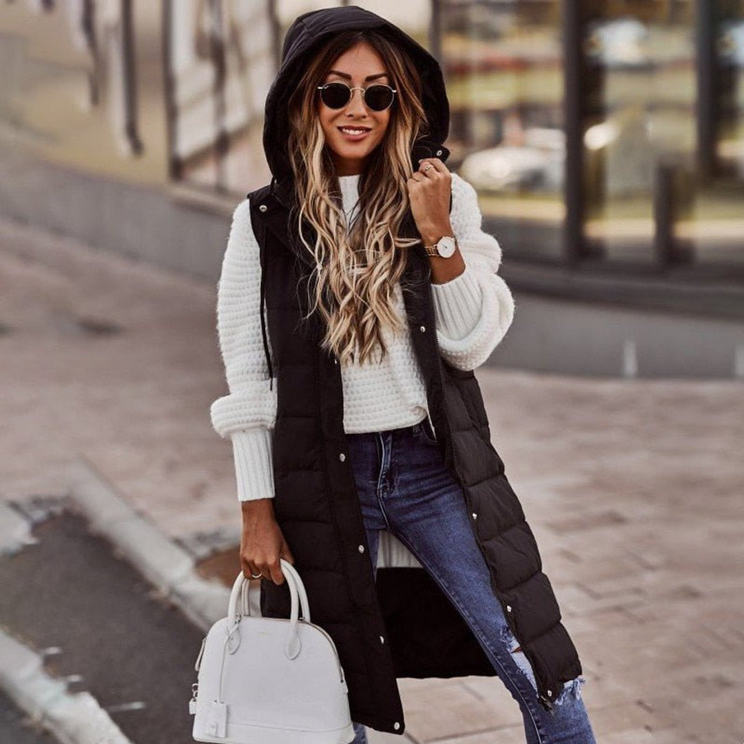 Women's Long Hooded Quilted Puffer Vest Sleeveless Zip-Up Coat