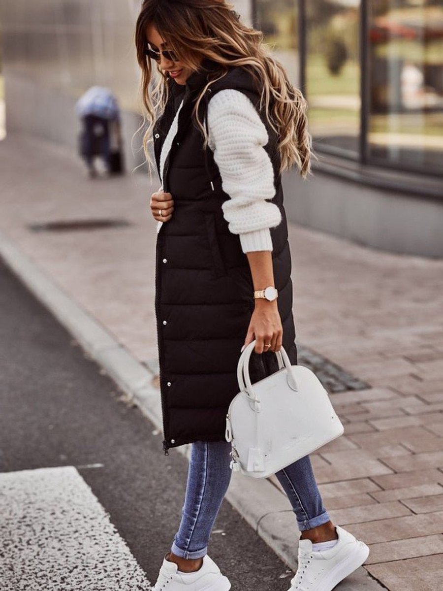 Women's Long Hooded Quilted Puffer Vest Sleeveless Zip-Up Coat