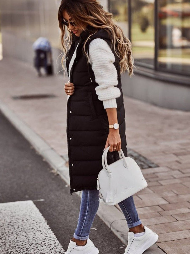 Women's Long Hooded Quilted Puffer Vest Sleeveless Zip-Up Coat