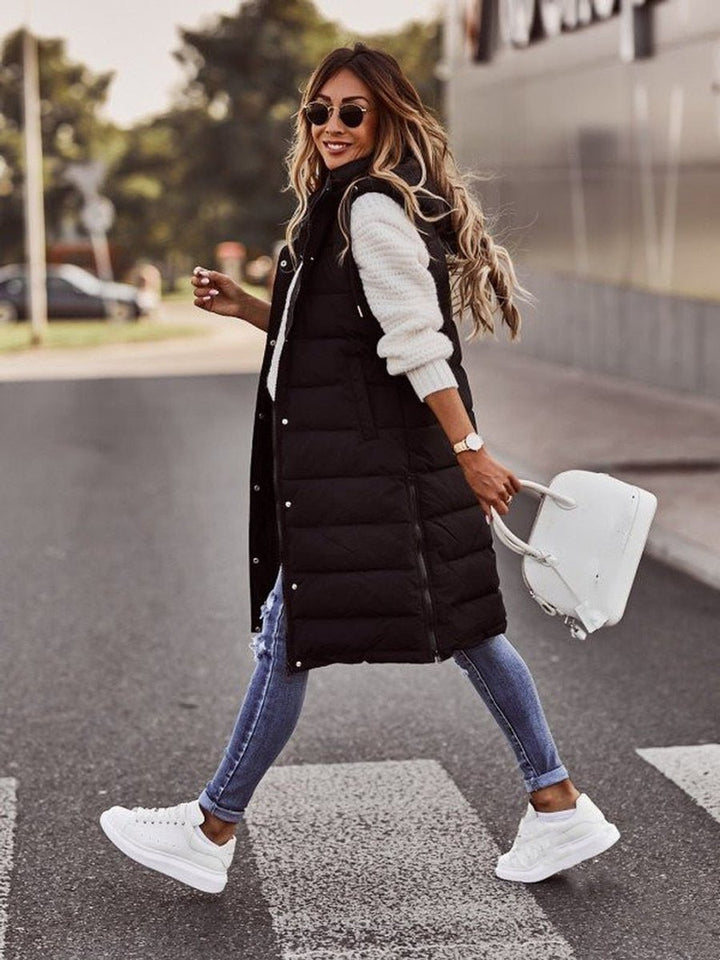 Women's Long Hooded Quilted Puffer Vest Sleeveless Zip-Up Coat
