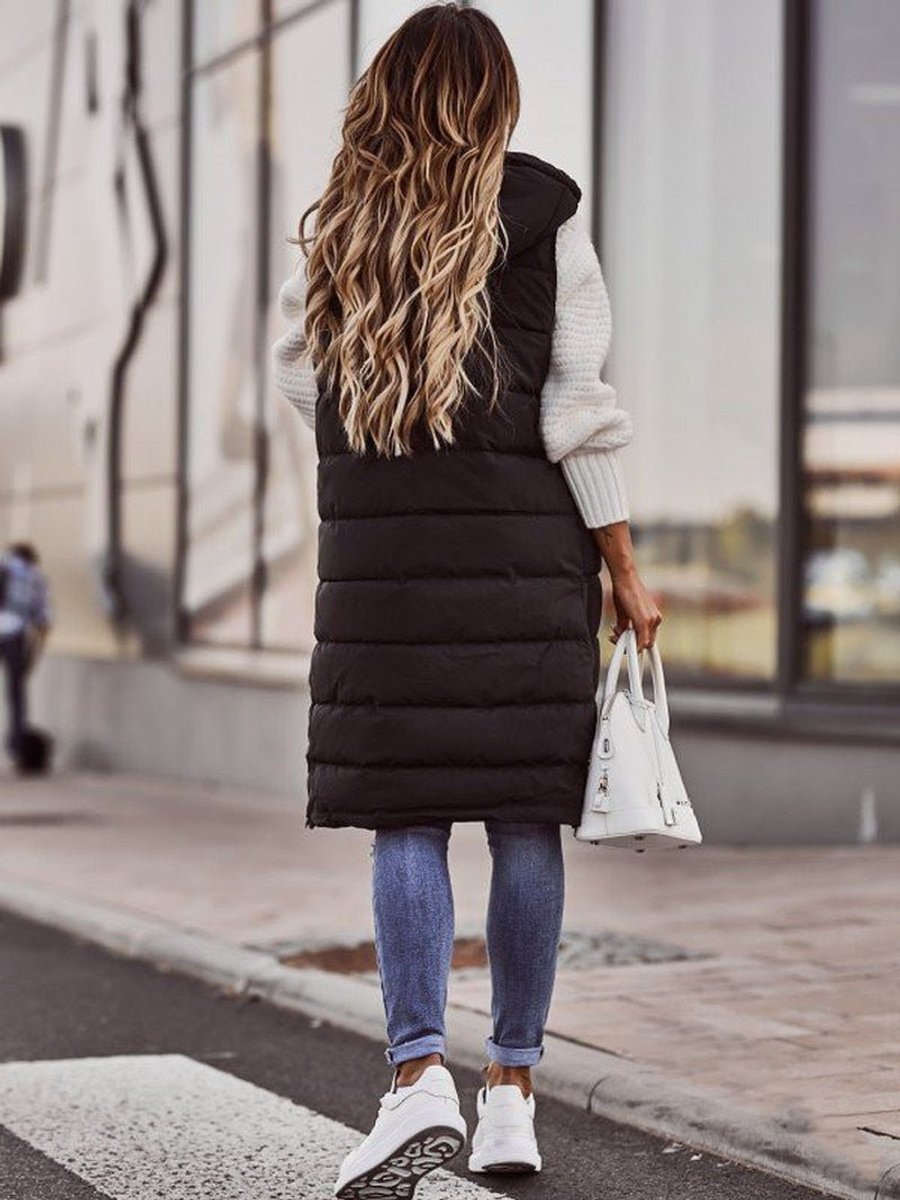 Women's Long Hooded Quilted Puffer Vest Sleeveless Zip-Up Coat