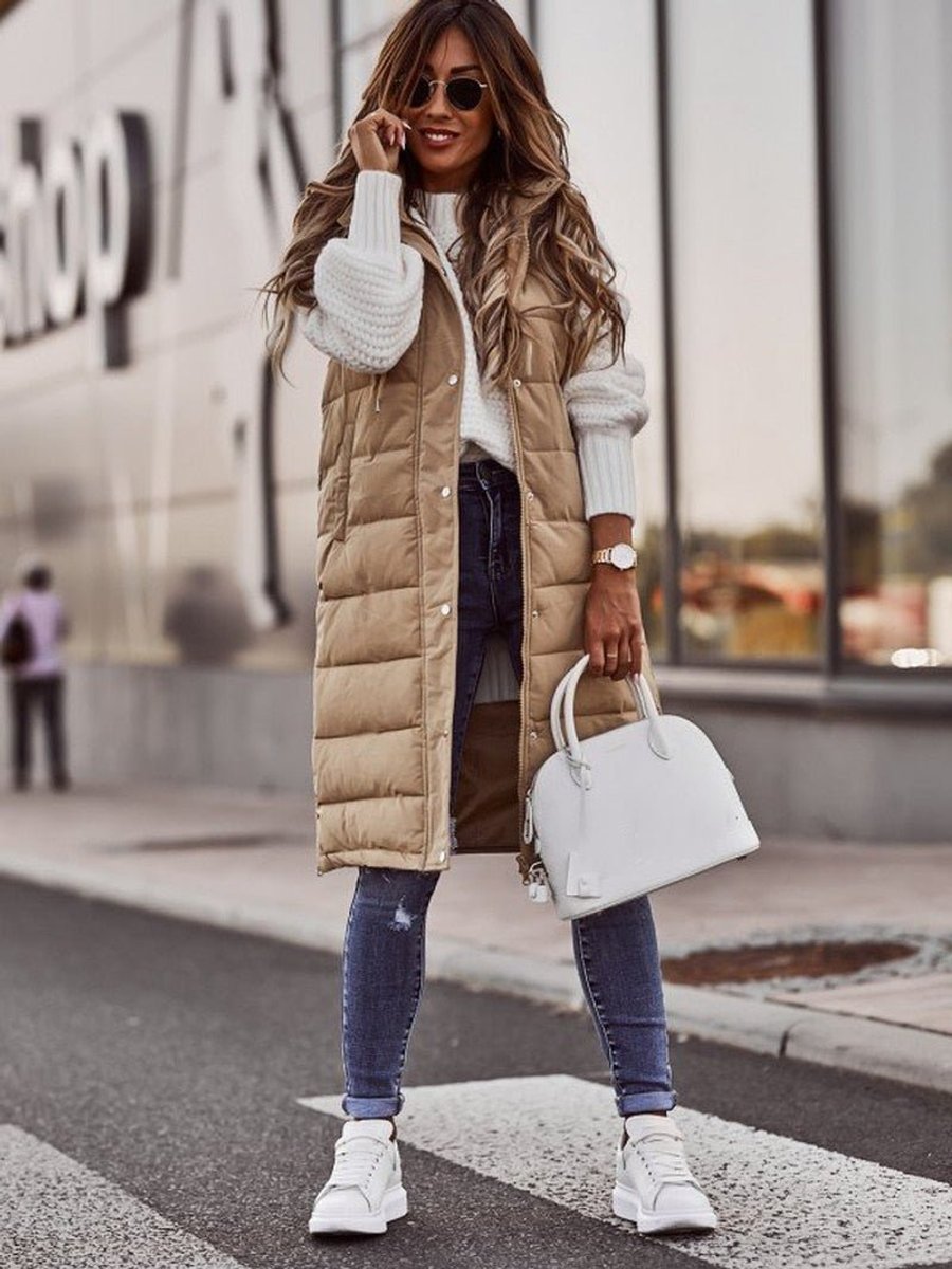 Women's Long Hooded Quilted Puffer Vest Sleeveless Zip-Up Coat - Beige