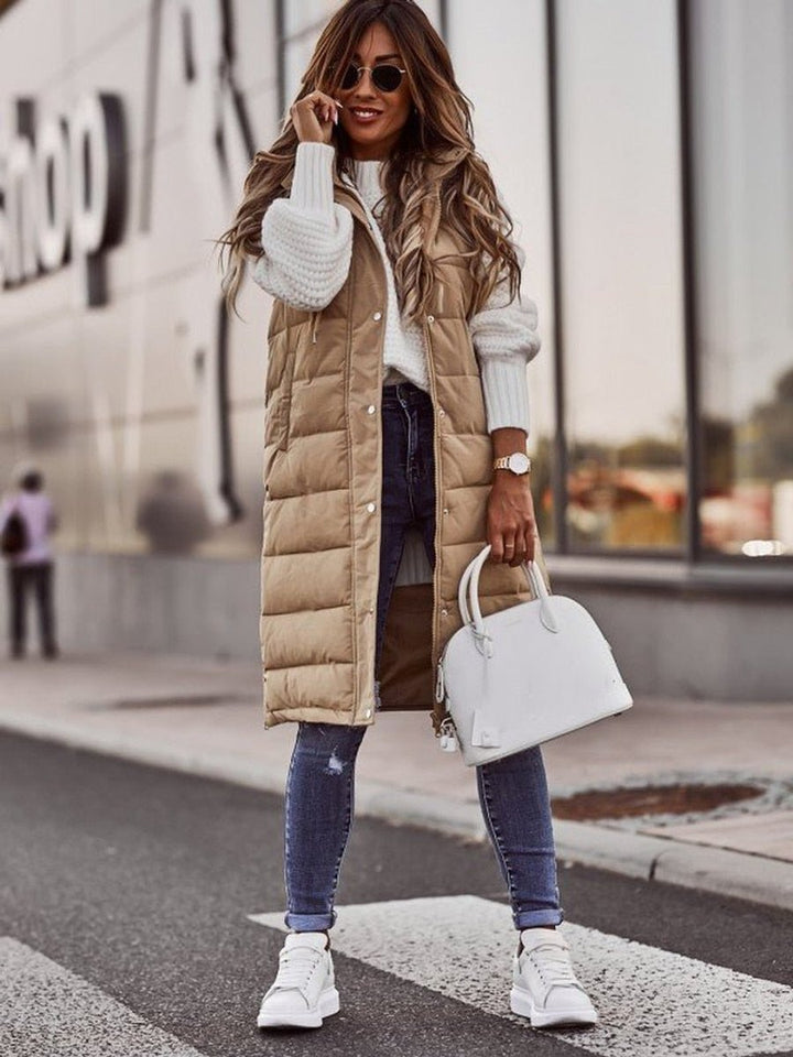 Women's Long Hooded Quilted Puffer Vest Sleeveless Zip-Up Coat - Beige