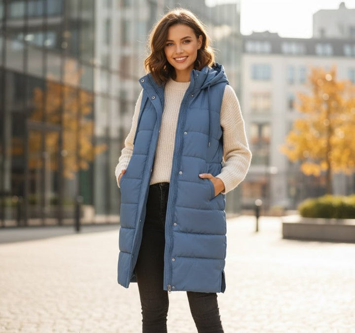 Women's Long Hooded Quilted Puffer Vest Sleeveless Zip-Up Coat - Blue