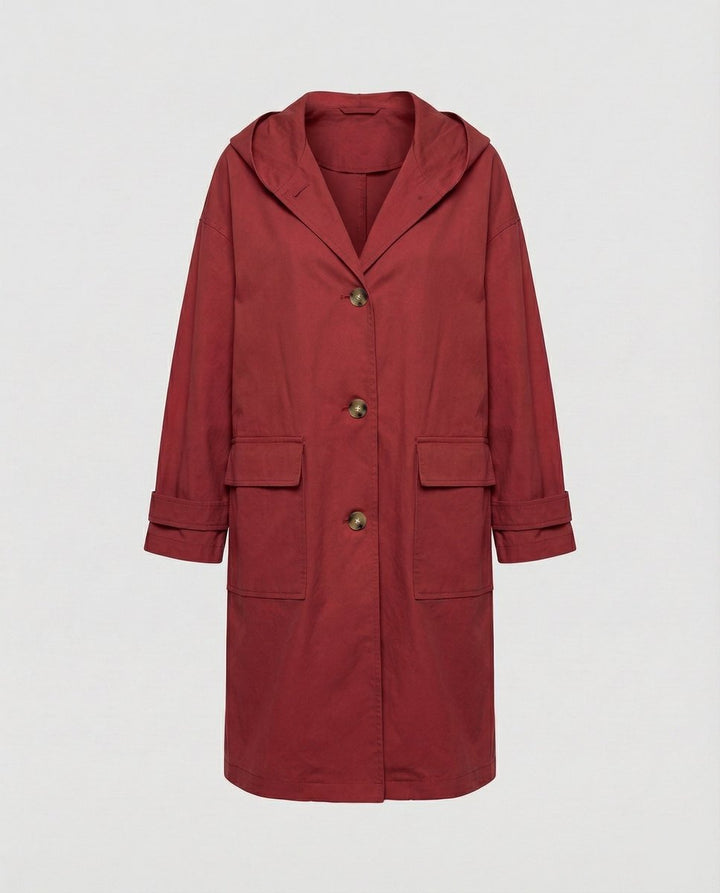 Women's Long Hooded Waterproof Windproof Trench Coat - Red