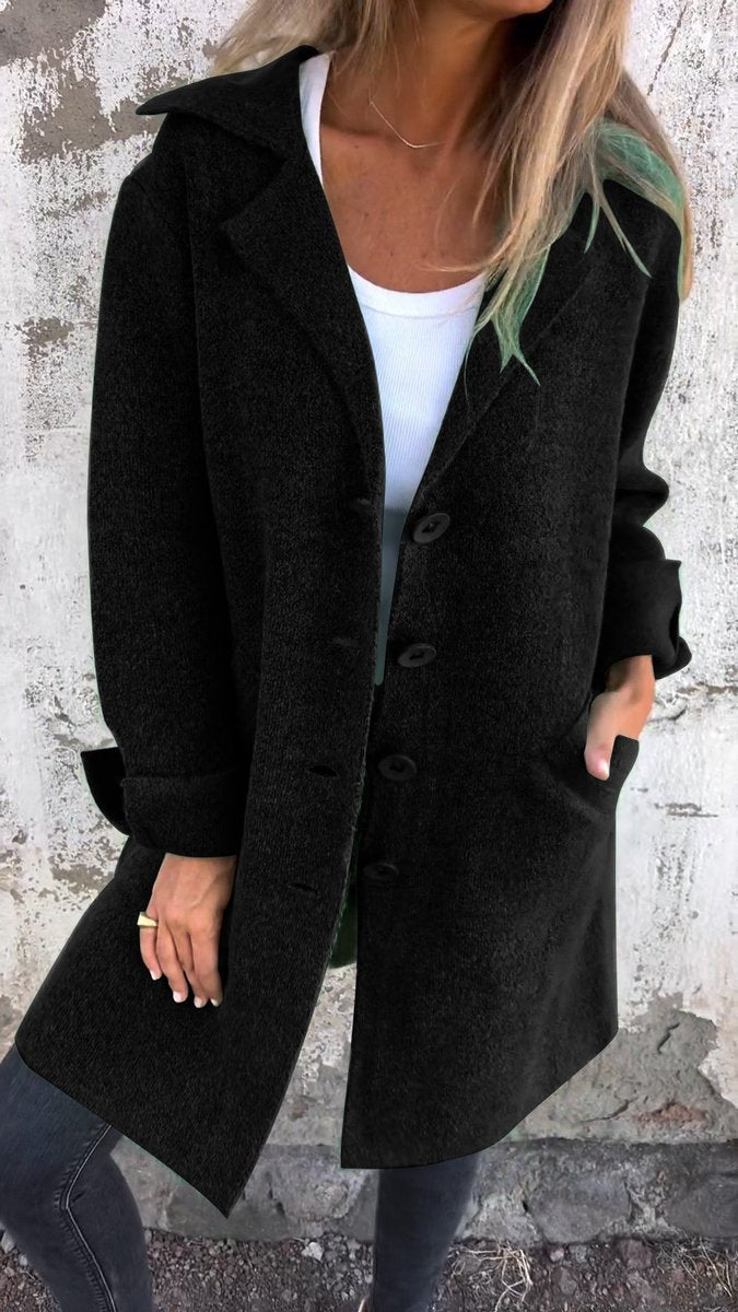 Women's Long Lapel Button-Front Coat Relaxed Fit - Black