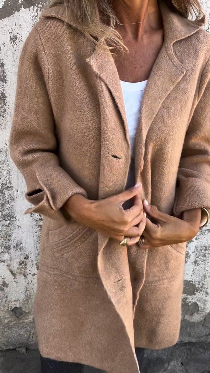 Women's Long Lapel Button-Front Coat Relaxed Fit - Khaki
