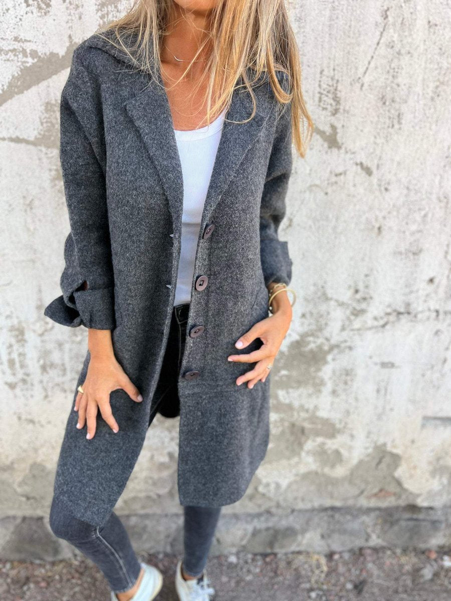 Women's Long Lapel Button-Front Coat Relaxed Fit - Gray