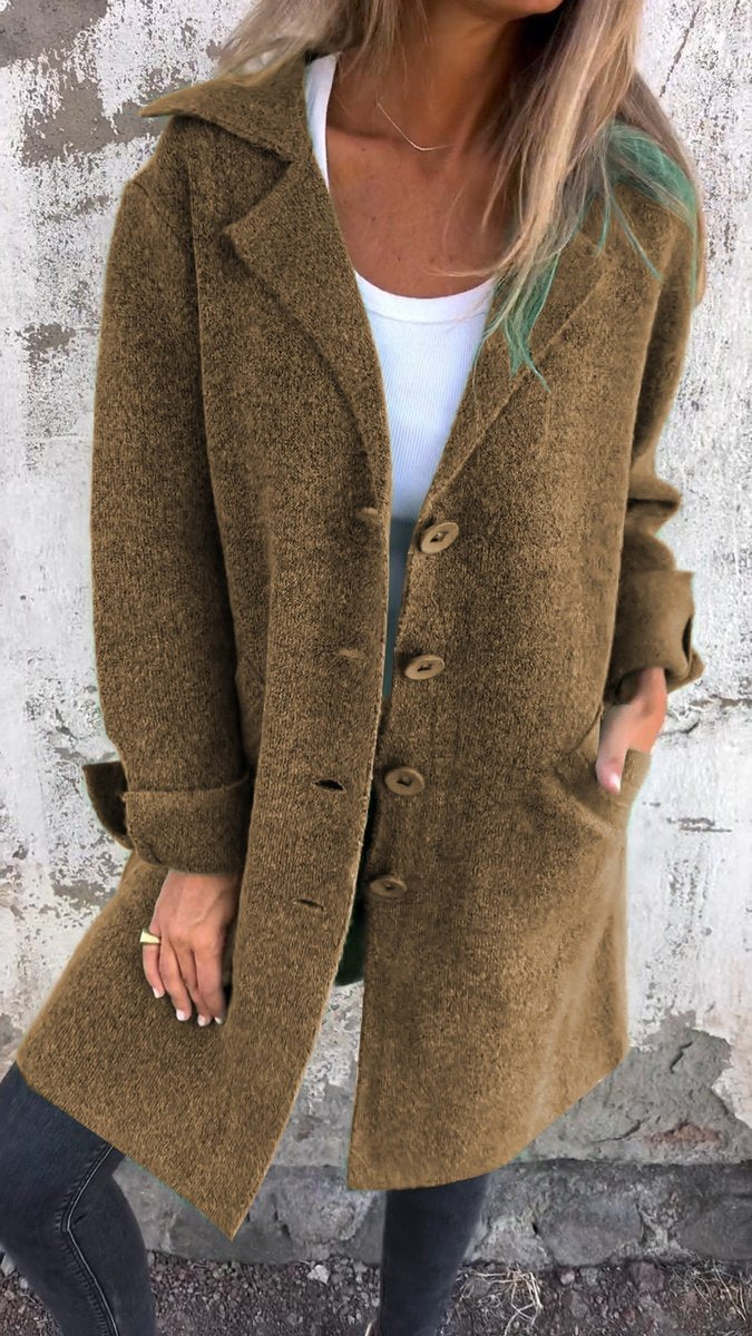Women's Long Lapel Button-Front Coat Relaxed Fit - Brown