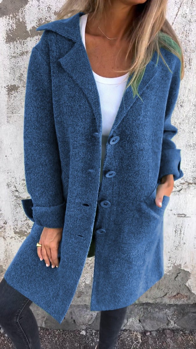 Women's Long Lapel Button-Front Coat Relaxed Fit - Blue