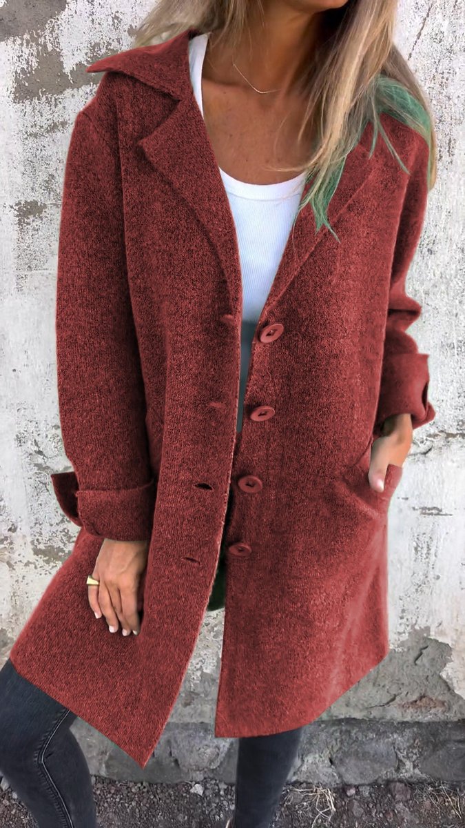 Women's Long Lapel Button-Front Coat Relaxed Fit - Red