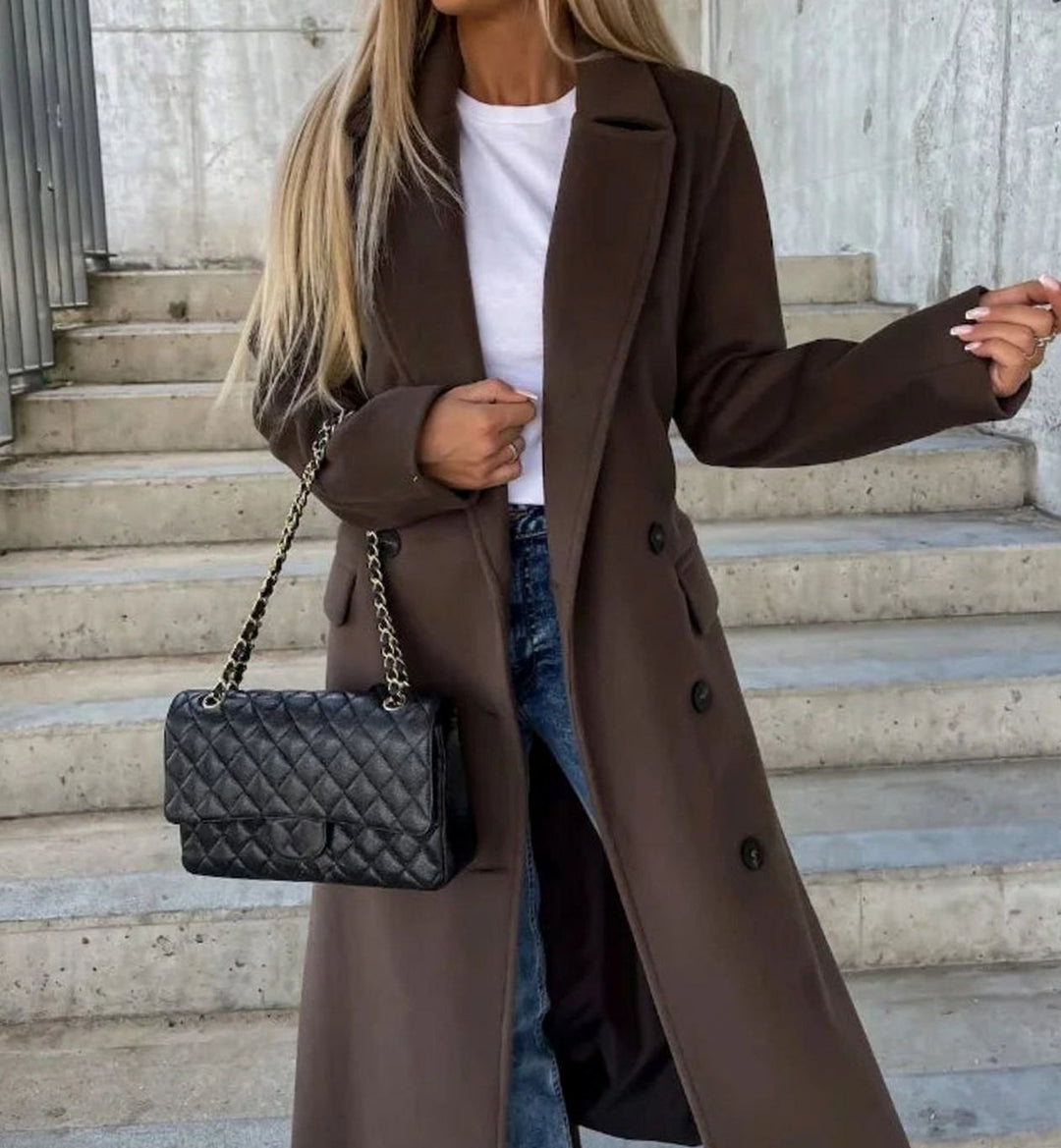 Women's Long Lapel Double-Button Front Coat Overcoat - Dark Brown
