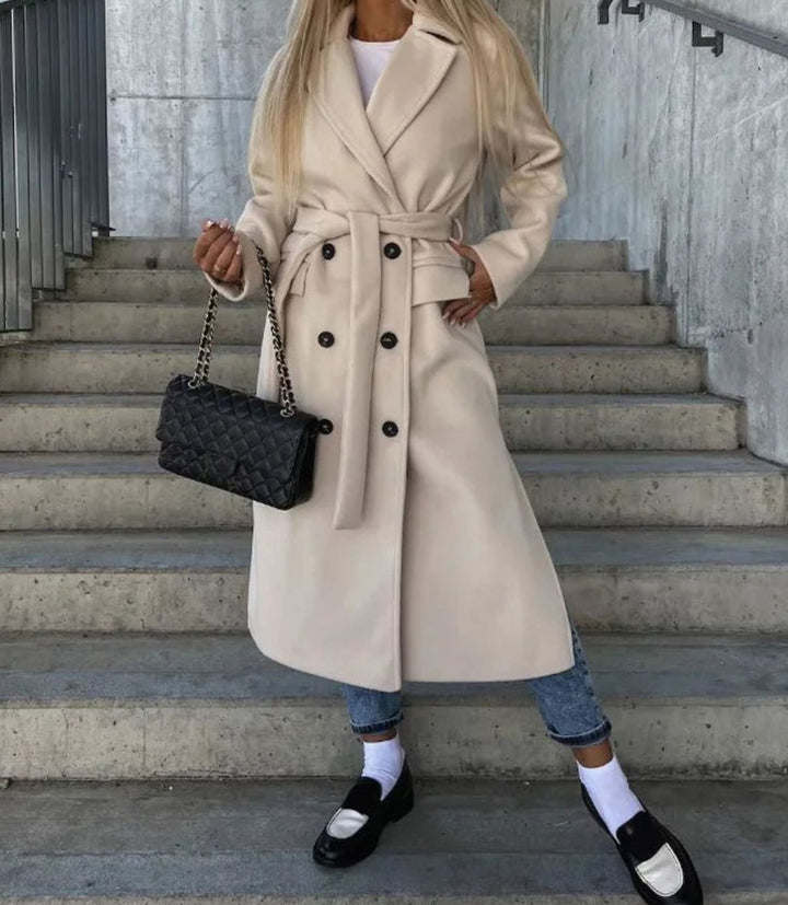 Women's Long Lapel Double-Button Front Coat Overcoat - Khaki