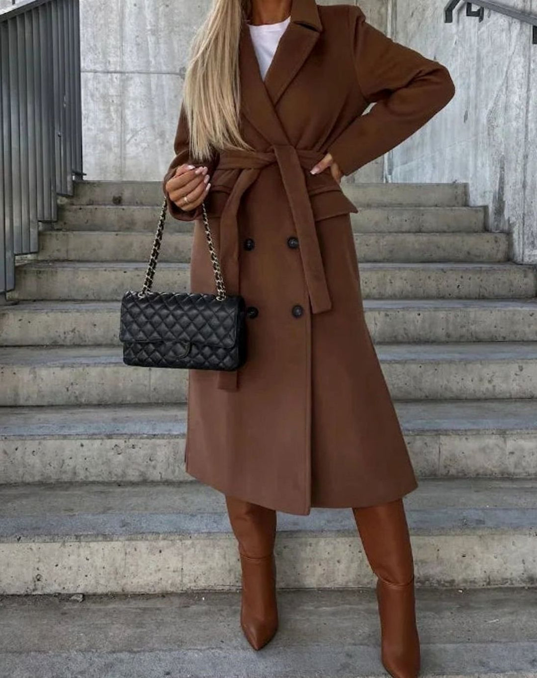 Women's Long Lapel Double-Button Front Coat Overcoat - Brown