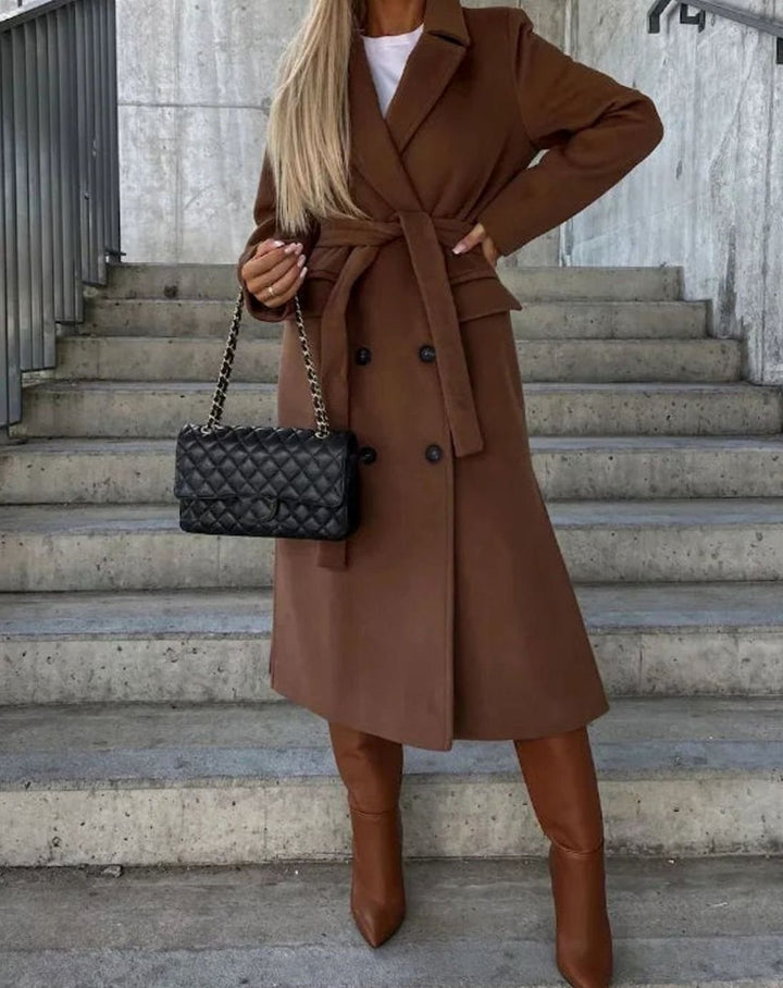 Women's Long Lapel Double-Button Front Coat Overcoat - Brown