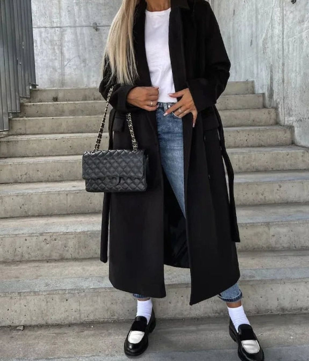Women's Long Lapel Double-Button Front Coat Overcoat - Black