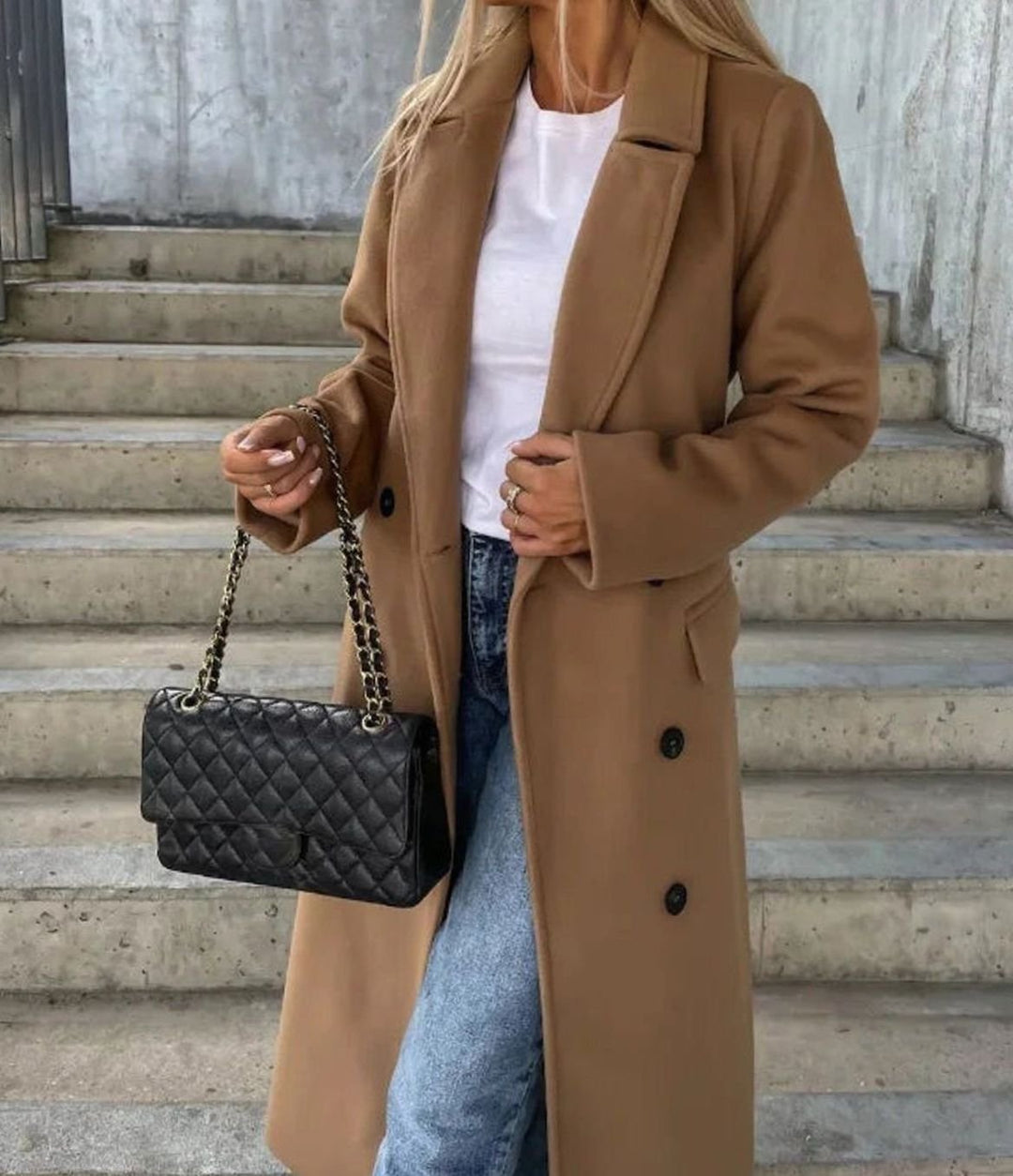 Women's Long Lapel Double-Button Front Coat Overcoat - Light Brown