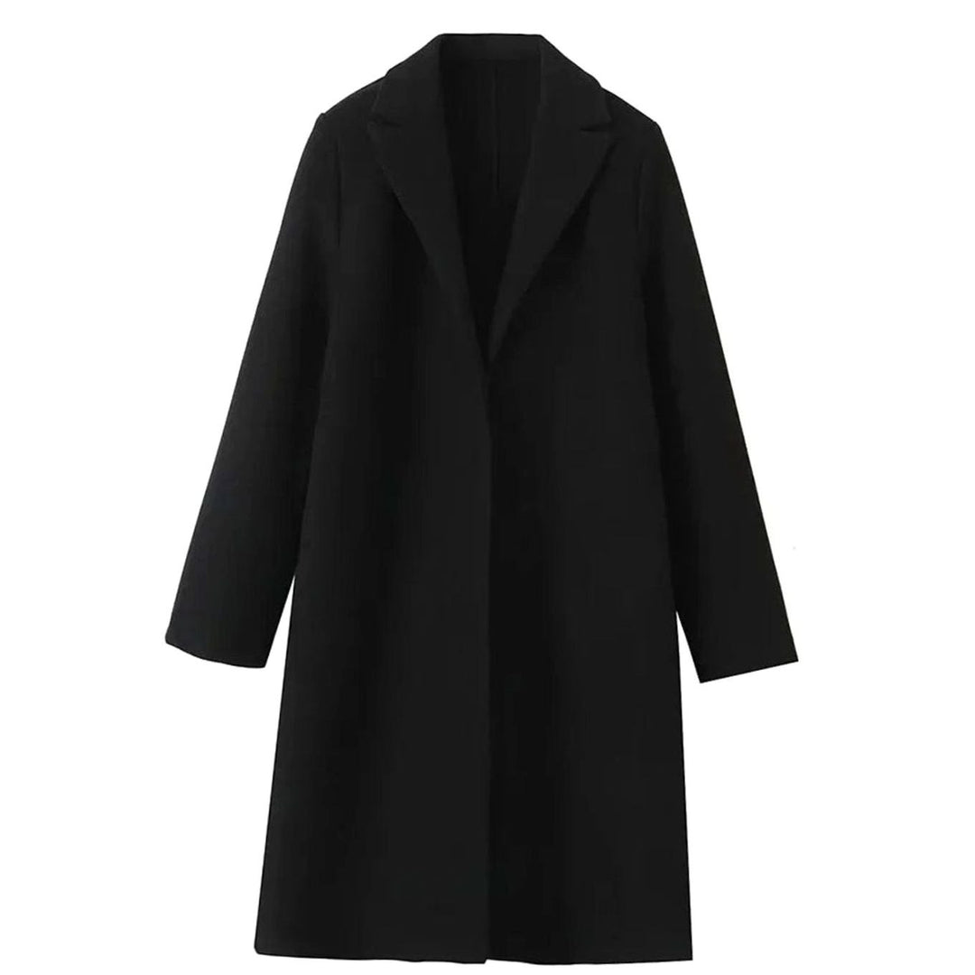 Women's Long Notch-Lapel Open-Front Trench Coat - Black