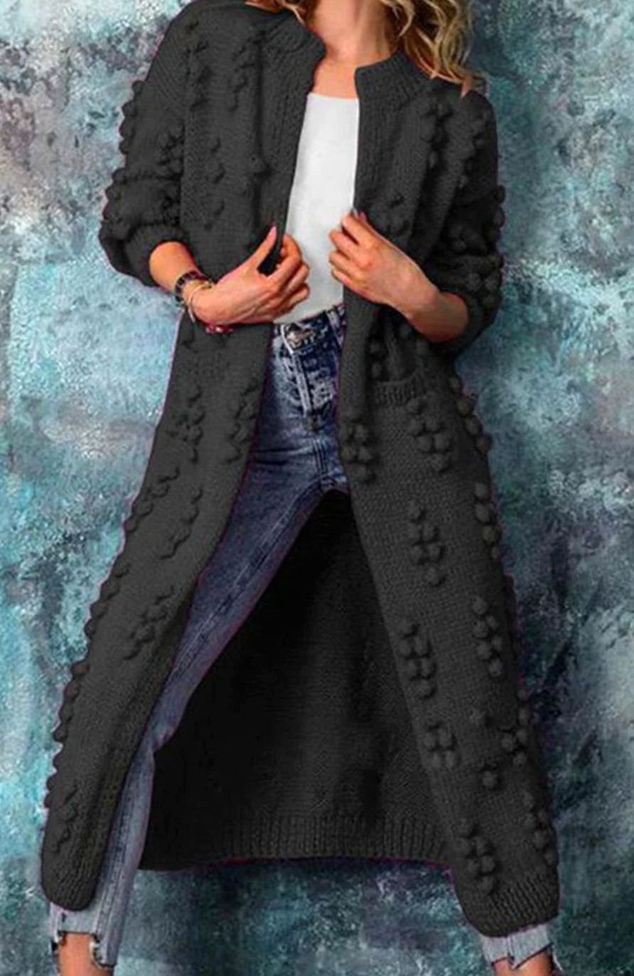 Women's Long Open-Front Pom-Detail Knitted Cardigan Sweater - Black