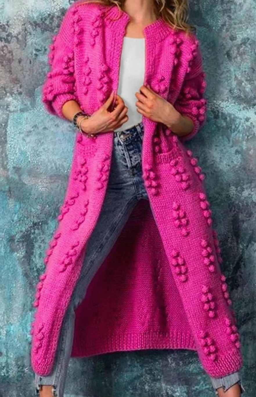 Women's Long Open-Front Pom-Detail Knitted Cardigan Sweater - Pink