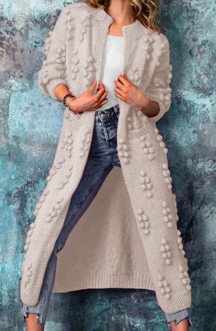 Women's Long Open-Front Pom-Detail Knitted Cardigan Sweater - Beige