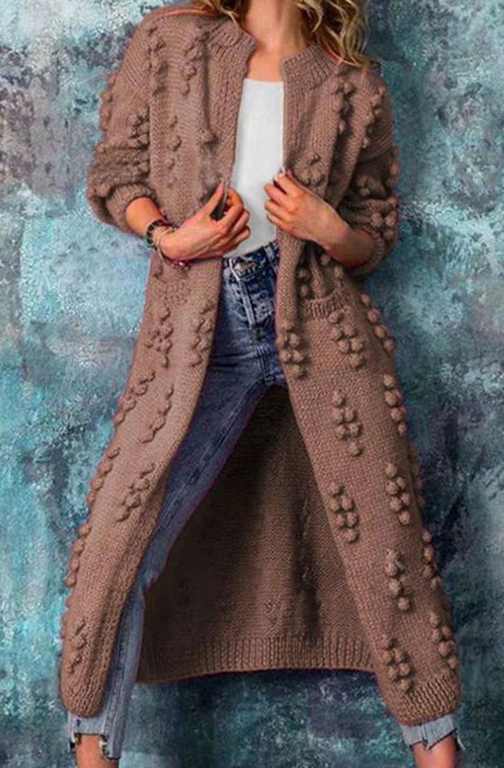 Women's Long Open-Front Pom-Detail Knitted Cardigan Sweater - Brown