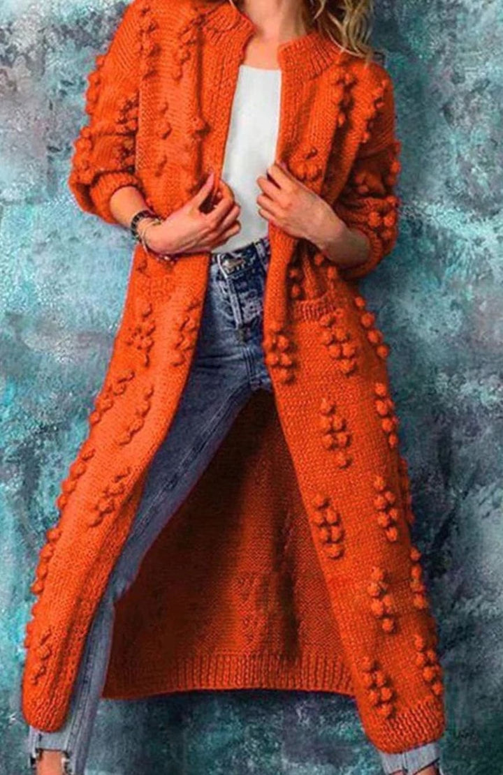 Women's Long Open-Front Pom-Detail Knitted Cardigan Sweater - Orange