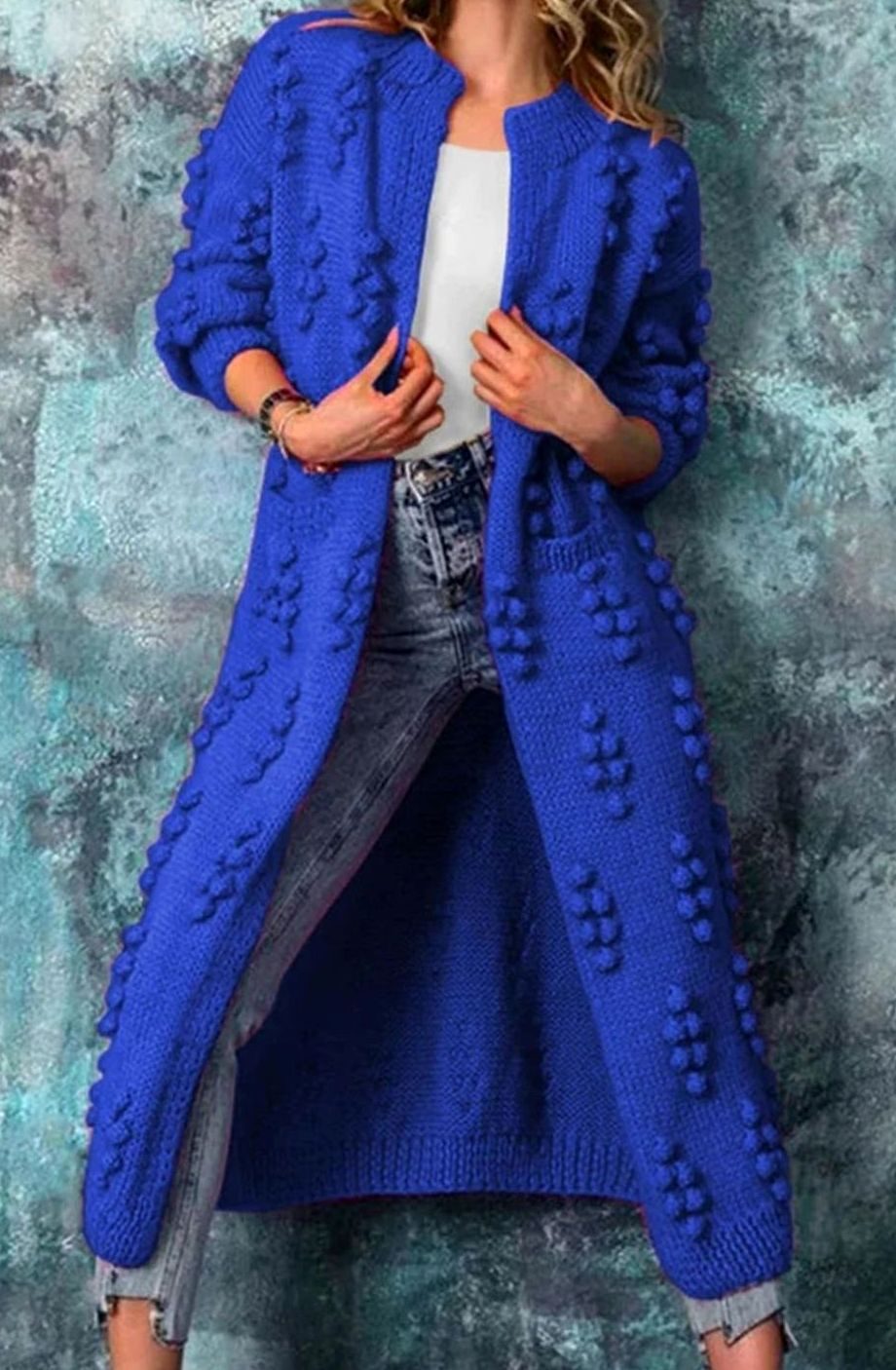 Women's Long Open-Front Pom-Detail Knitted Cardigan Sweater - Blue