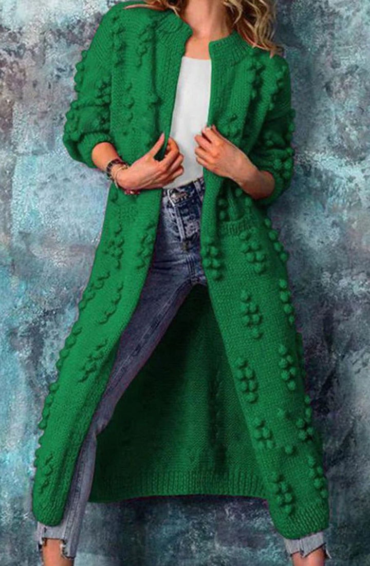 Women's Long Open-Front Pom-Detail Knitted Cardigan Sweater - Green