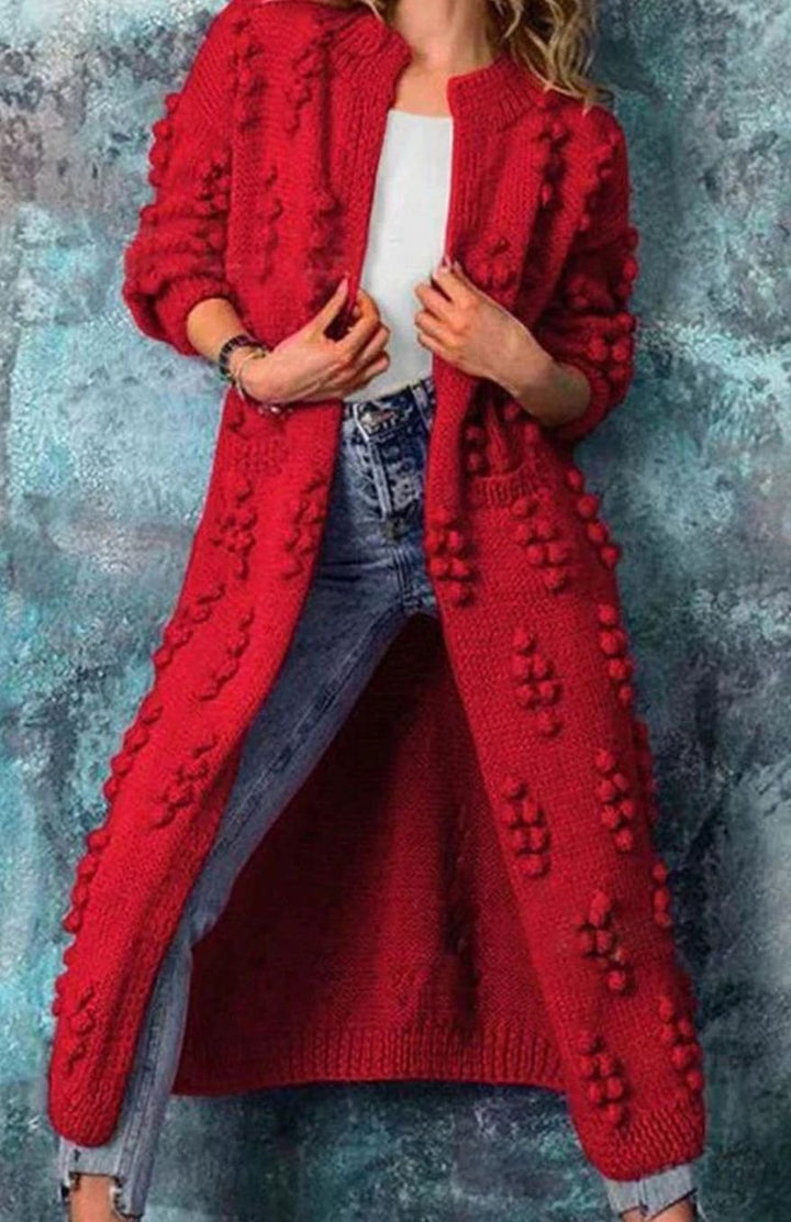 Women's Long Open-Front Pom-Detail Knitted Cardigan Sweater - Red