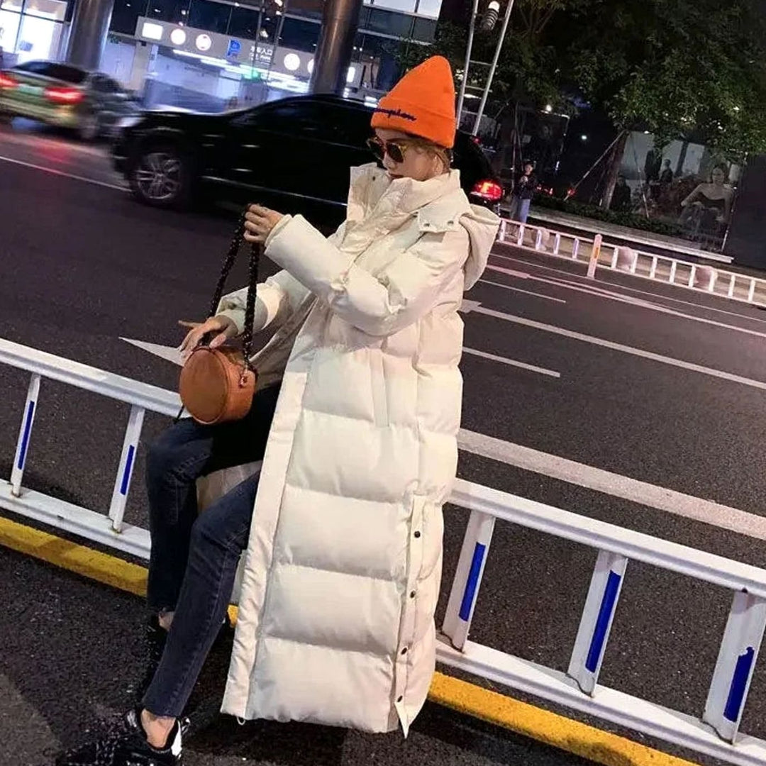 Women's Long Puffer Coat Removable Hood Maxi Winter Jacket - White