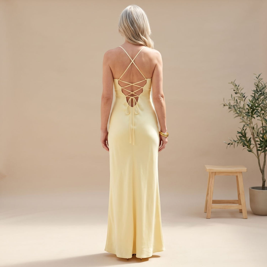 Women's Long Satin Formal V-Neck High-Slit Maxi Dress