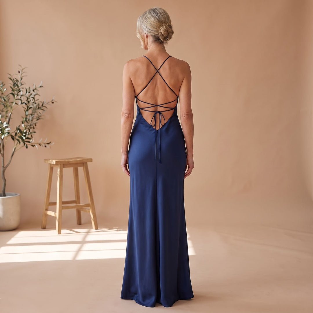 Women's Long Satin Formal V-Neck High-Slit Maxi Dress