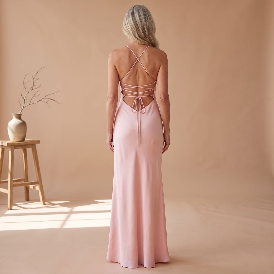 Women's Long Satin Formal V-Neck High-Slit Maxi Dress