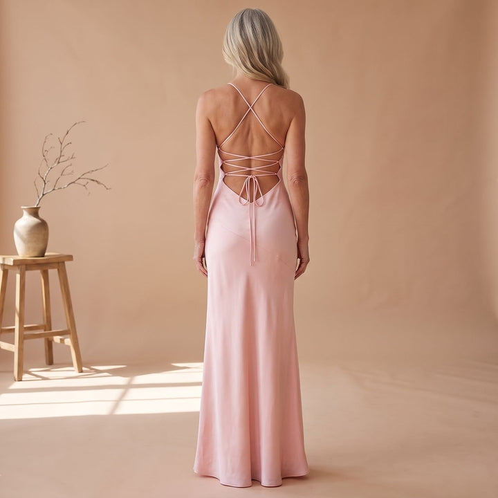 Women's Long Satin Formal V-Neck High-Slit Maxi Dress