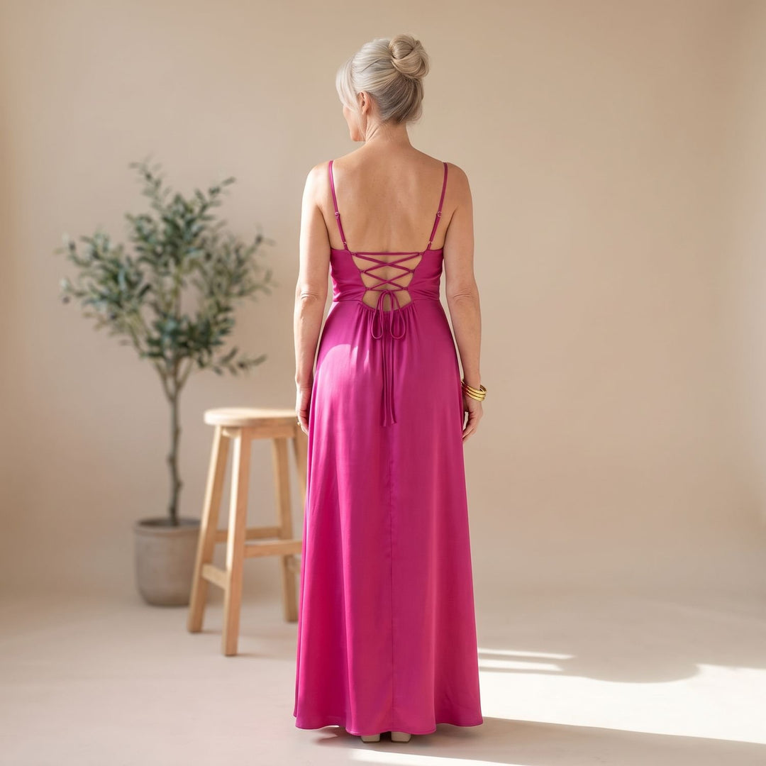 Women's Long Satin Formal V-Neck High-Slit Maxi Dress