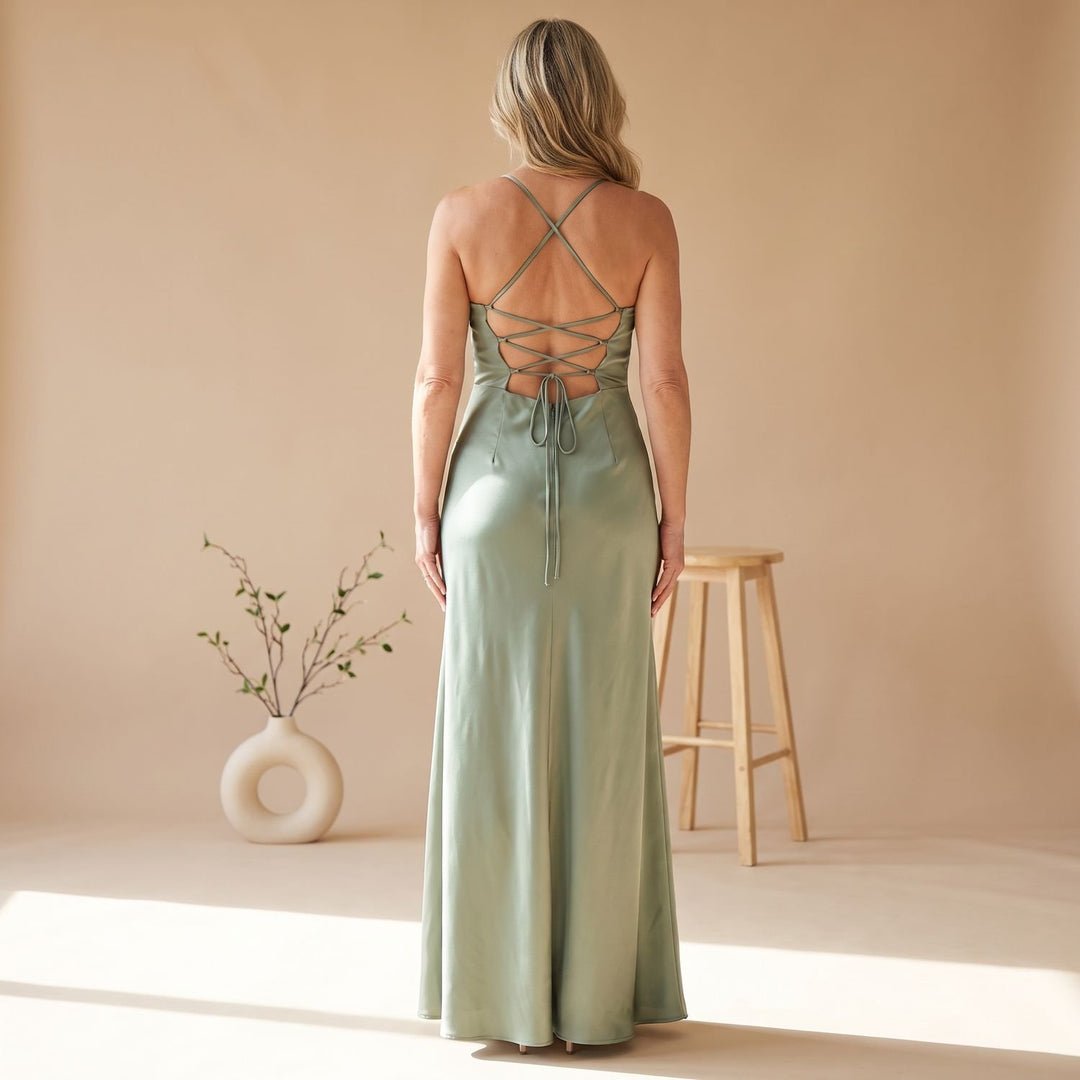 Women's Long Satin Formal V-Neck High-Slit Maxi Dress