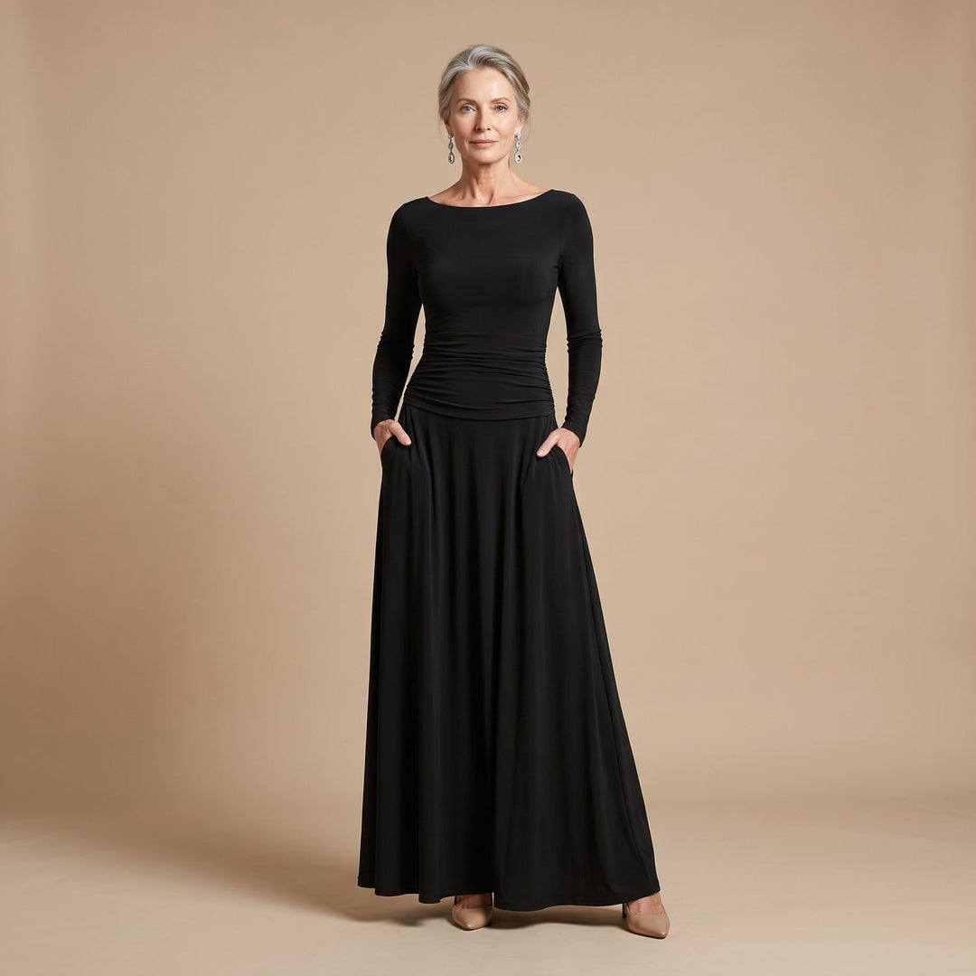 Women's Long-Sleeve Boat-Neck Ruched Formal Maxi Dress