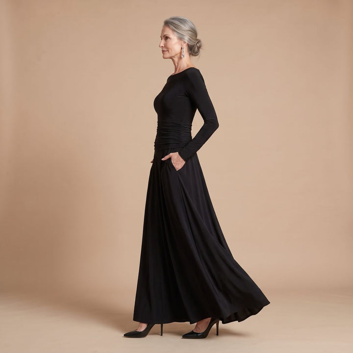 Women's Long-Sleeve Boat-Neck Ruched Formal Maxi Dress